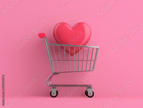 Shopping cart with a heart on a pink background.