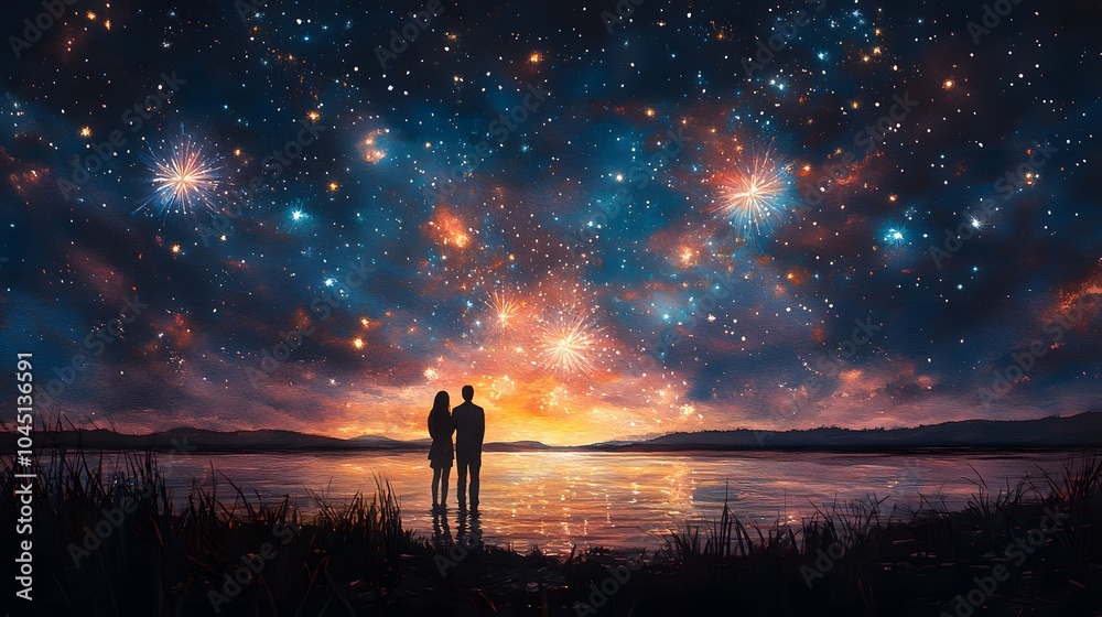 Fototapeta premium Watercolor painting of a couple watching fireworks on New Year Eve, with bright colors and shimmering night sky