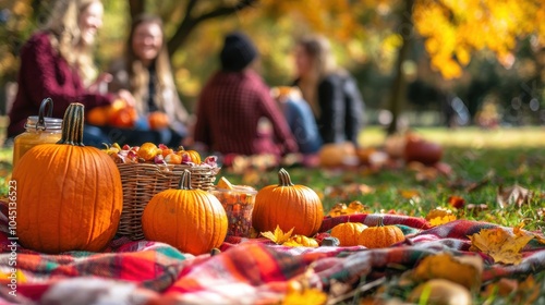 Group of friends enjoying an impromptu picnic in a colorful autumn park sitting on a plaid blanket surrounded by pumpkins and seasonal treats as laughter fills the air