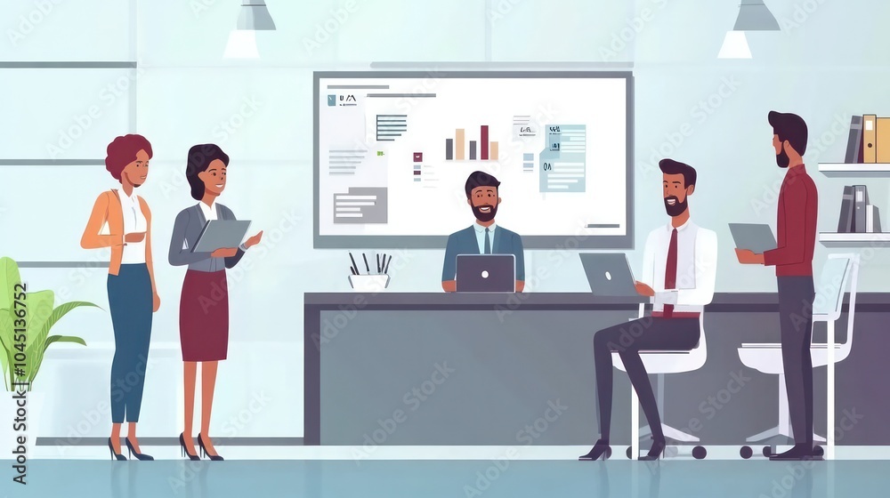 business team working, diverse business professionals working together on a presentation in a modern office illustrations business team working, diverse business professionals working together on a presentation in a modern office illustrations