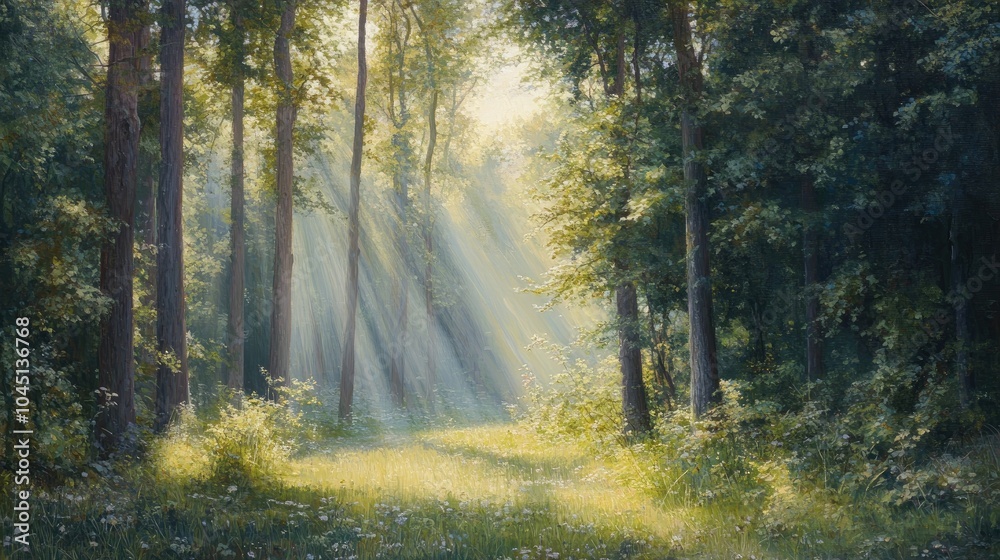 Obraz premium Sunbeams gently filtering through tall trees in a tranquil forest, casting soft light on the ground, creating a peaceful natural scene