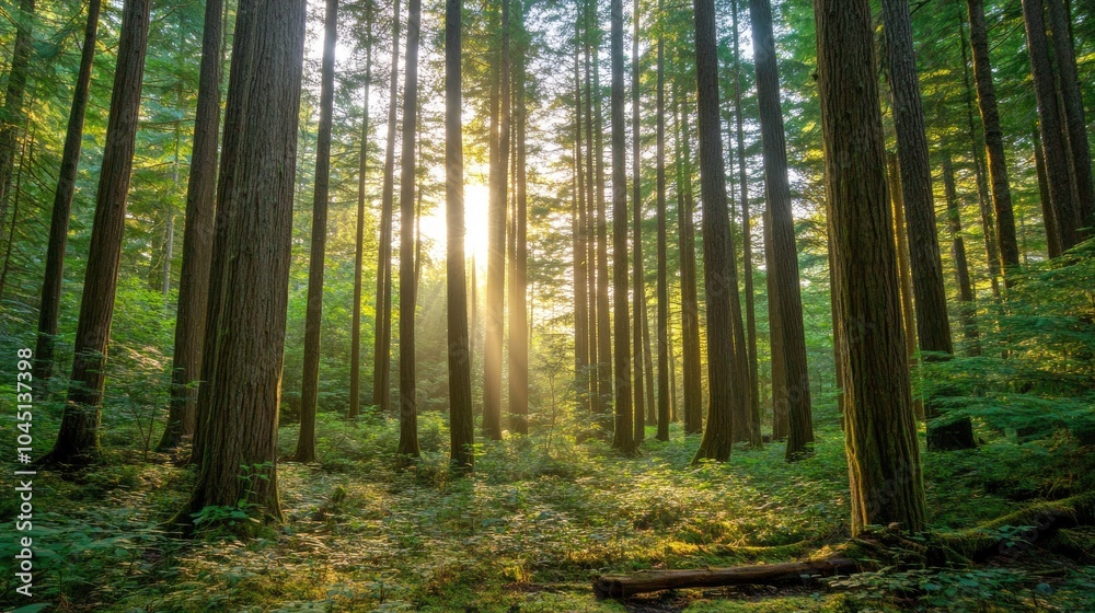 Sunlight breaking through tall trees in a serene forest, casting soft, golden light on the forest floor, symbolizing peace and nature's beauty Sunlight breaking through tall trees in a serene forest, casting soft, golden light on the forest floor, symbolizing peace and nature's beauty