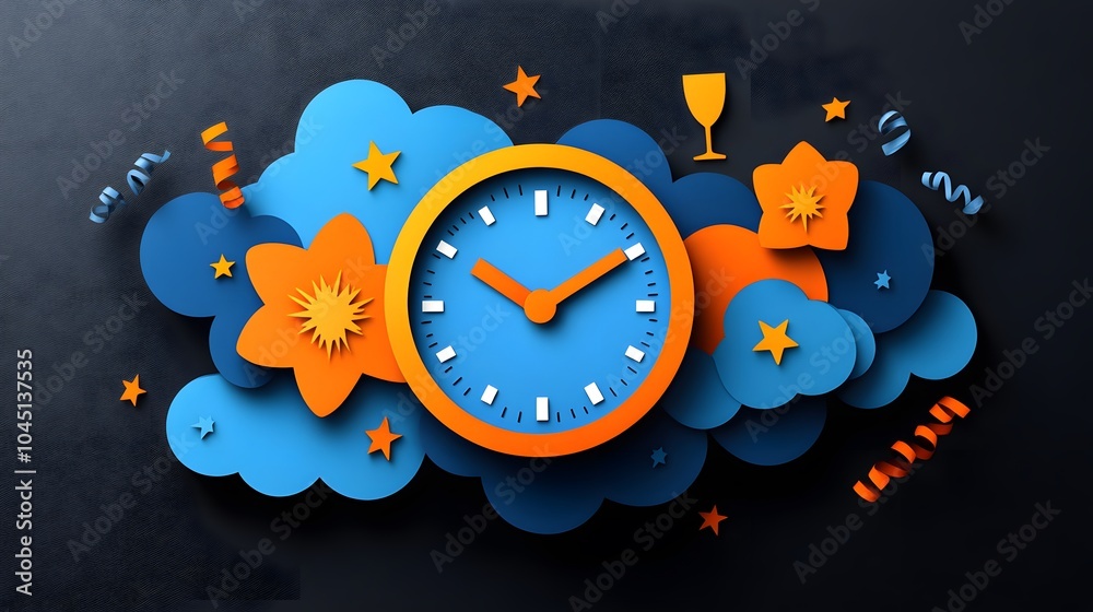 Papercut festive New Year Eve clock with fireworks, champagne glasses, and streamers, ready for the countdown Papercut festive New Year Eve clock with fireworks, champagne glasses, and streamers, ready for the countdown