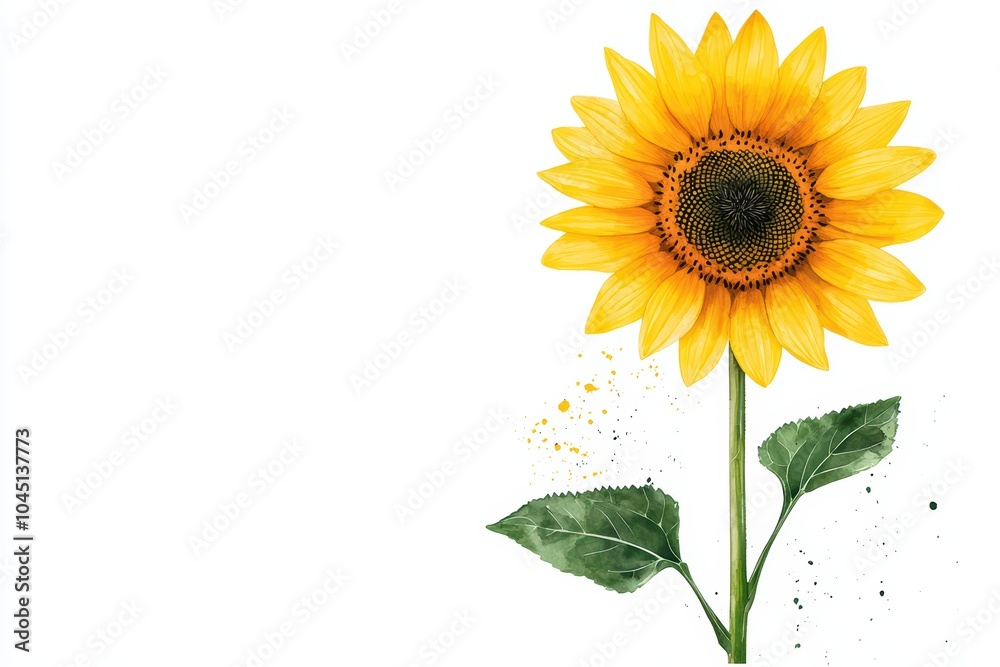 Fototapeta premium Vibrant sunflower with green leaves on a white isolated background.
