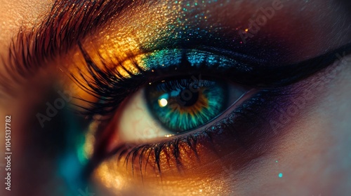 Woman eye with glittering golden and blue eyeshadow makeup