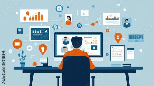 hybrid business team, hybrid team working flexibly between remote and office environments, collaborating on business projects illustrations