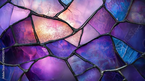 Stained glass showing abstract shapes and forming colorful pattern