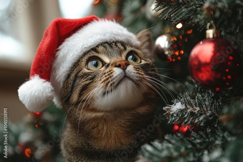 A close-up of a tabby cat in a Santa hat sits in front of a Christmas tree, with its face in focus and warm-toned lights blurred in the background.