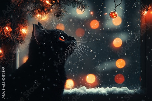 A black cat with orange eyes sits at a snowy windowsill, gazing at warm festive lights and decorated pine branches outside.