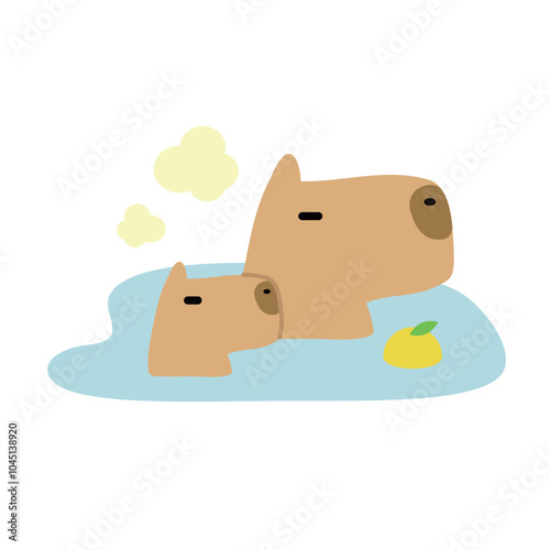ゆず湯に浸かるカピバラの親子