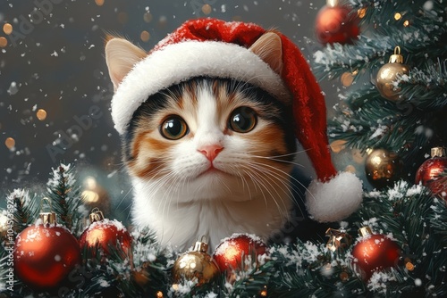 A close-up of a calico cat in a Santa hat with curious eyes, set against a festive Christmas tree adorned with red and gold ornaments.