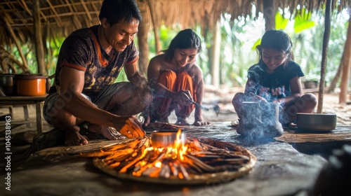 Three people cooking over a fire in a hut.
