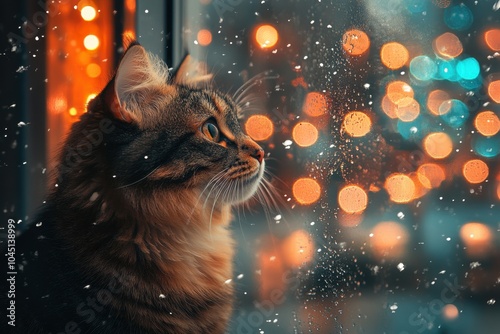 A fluffy tabby cat gazes out a slightly frosted window at warm orange and blue bokeh lights, creating a cozy festive atmosphere.


