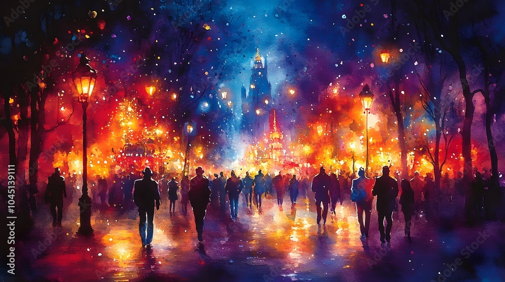 Watercolor illustration of Carnival Mardi Gras parade with colorful floats, masks, and confetti in the air, lively celebration atmosphere