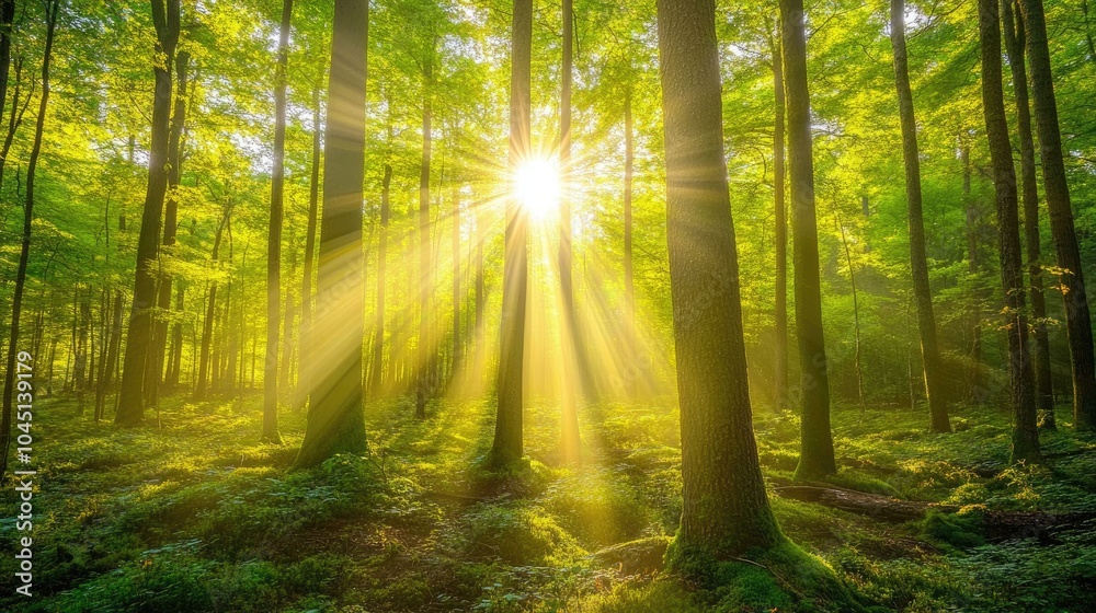 Obraz premium A tranquil forest with sunbeams filtering through the trees, casting soft light on the forest floor, symbolizing peace and natural beauty