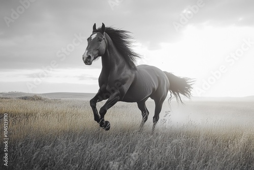 Stunning black and white photograph of a horse running, showcasing strength and grace with dynamic movement and striking contrasts