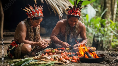 Indigenous people cooking over fire in jungle.