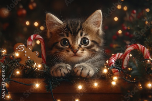 Cute cat surrounded by Christmas decorations, capturing the cozy and joyful spirit of the holiday season. Ideal for festive projects and seasonal themes.