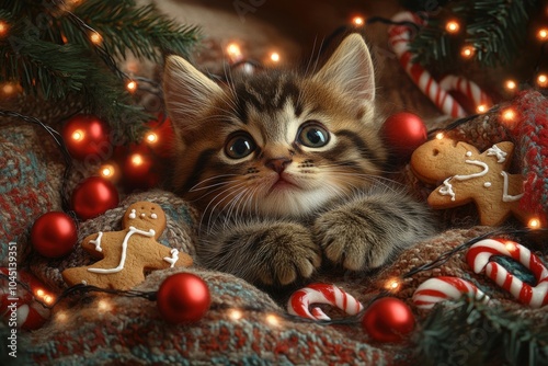 Cute cat surrounded by Christmas decorations, capturing the cozy and joyful spirit of the holiday season. Ideal for festive projects and seasonal themes.
