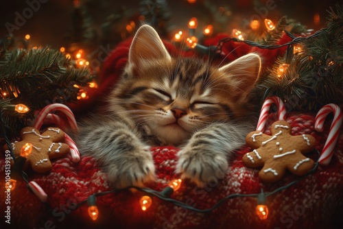 Cute cat surrounded by Christmas decorations, capturing the cozy and joyful spirit of the holiday season. Ideal for festive projects and seasonal themes.