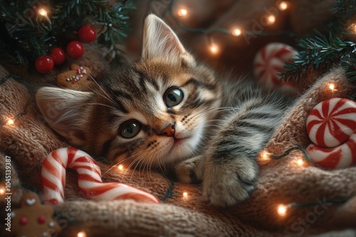 Cute cat surrounded by Christmas decorations, capturing the cozy and joyful spirit of the holiday season. Ideal for festive projects and seasonal themes.
