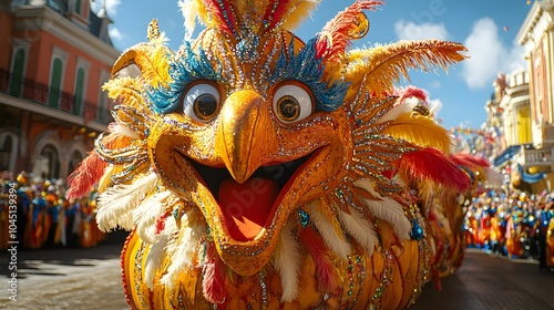 Papercut style carnival float decorated with colorful beads, feathers, and masks, marching through a lively Mardi Gras street