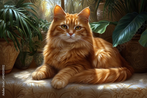 A regal orange tabby cat lounges among lush green plants, its bright amber eyes gazing confidently at the camera, illuminated by warm sunlight for a cozy atmosphere.