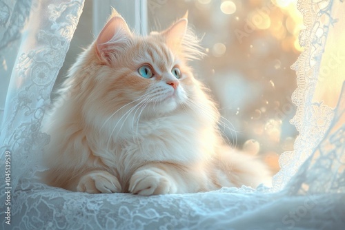 A cream-colored fluffy cat with striking light teal eyes rests on a sheer lace-covered surface, surrounded by a softly blurred background creating a dreamy atmosphere.