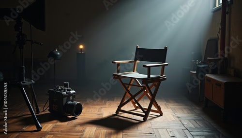  Awaiting the spotlight  A directors chair in a dimly lit studio photo