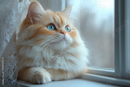 A-haired cat with cream and light orange fur and striking blue eyes sits by a window, calmly looking outside, framed by a delicate lace curtain.