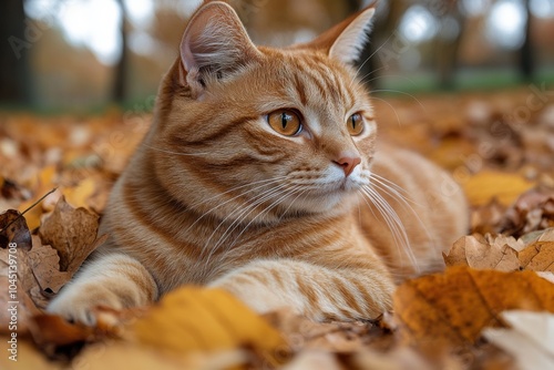 A ginger tabby cat rests on a bed of fallen autumn leaves, showcasing its striking amber eyes and rich fur against a softly blurred wooded backdrop.