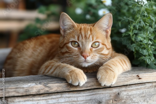 A ginger tabby cat rests on a weathered wooden plank, showcasing its rich fur and light yellowish-green eyes against a softly blurred green backdrop.