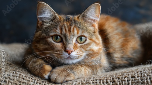 A close-up of a ginger and brown tabby cat rests on a burlap surface, showcasing its striking yellowish-green eyes and rich fur against a dark, blurred backdrop.