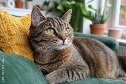 A of a tabby cat rests on a teal couch, gazing to the right, with bright yellowish-green eyes and a blurred background of houseplants.