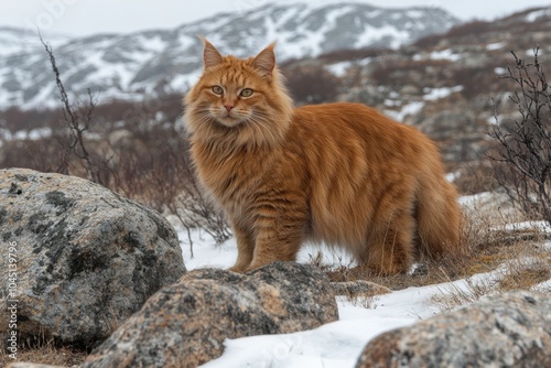 A ginger longhaired cat stands in a snowy, rocky landscape, showcasing its plush coat and alert expression against a backdrop of uneven terrain with patches of snow and gray-brown rocks.