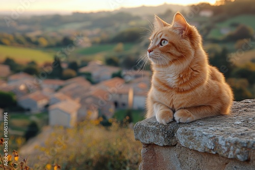A ginger cat sits on a low stone wall, its gaze directed towards a picturesque, slightly out-of-focus landscape. 