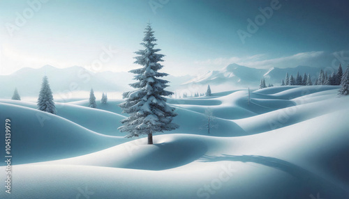 A picturesque winter scene with rolling snow dunes and a lone snow-covered tree, set against a calm, pale blue sky and distant mountain range