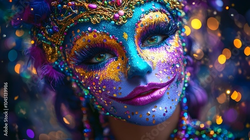 Watercolor depiction of a vibrant Mardi Gras mask with beads and confetti swirling in a colorful scene