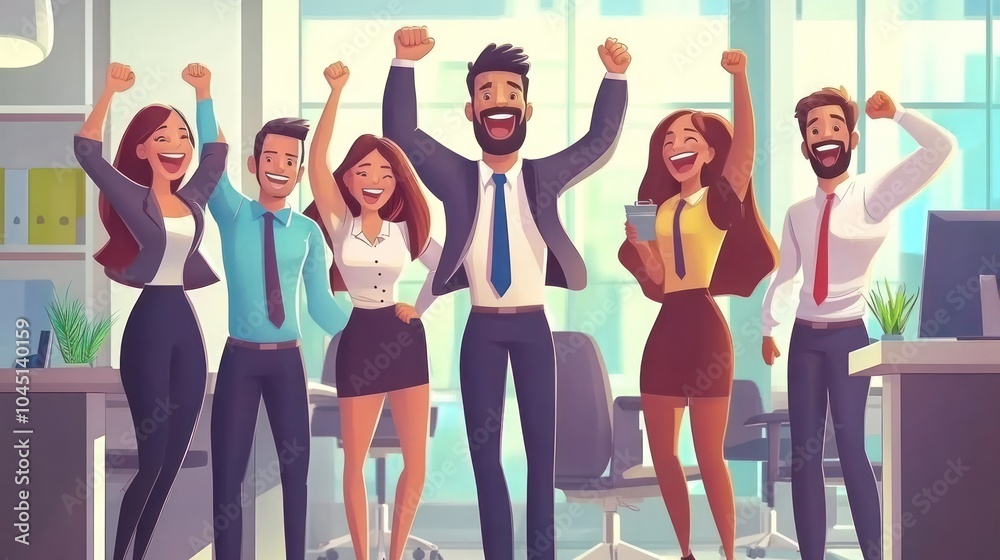 Fototapeta premium successful business team, happy professionals celebrating a successful project in a dynamic office environment illustrations