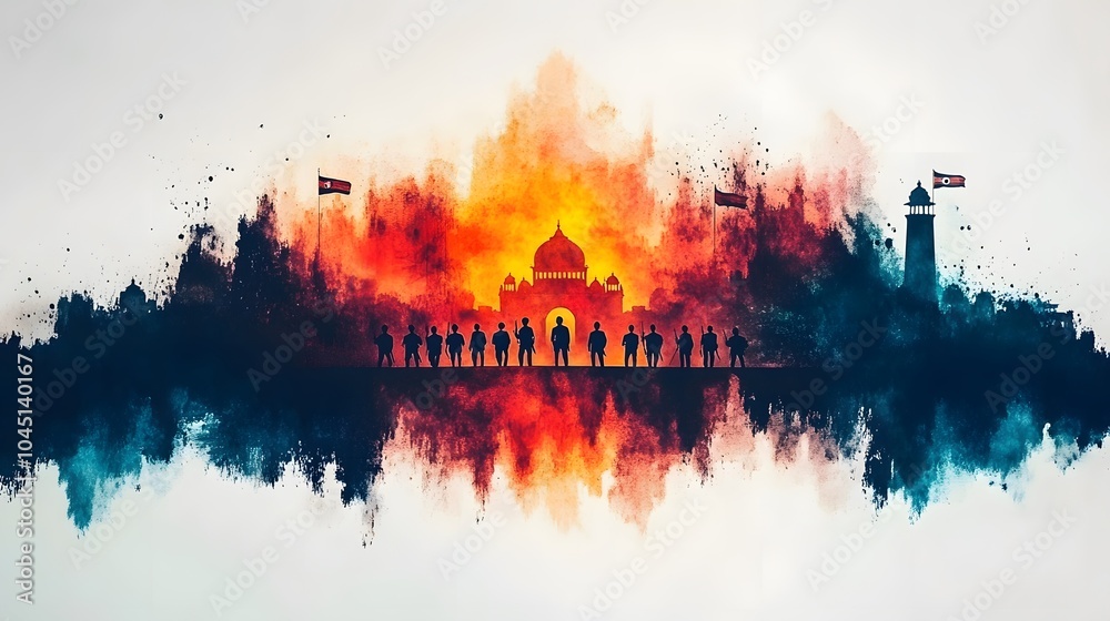 Obraz premium Watercolor illustration of Republic Day parade in India with soldiers marching in front of India Gate, national flags waving in the background