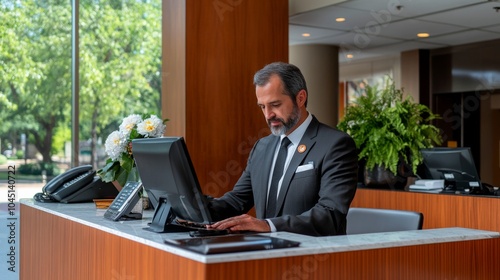 Friendly hotel manager with warm welcoming smile standing behind his computer at front desk of luxury hotel