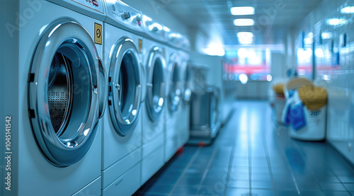 Row of Washing Machines in Modern Laundry Room. photo