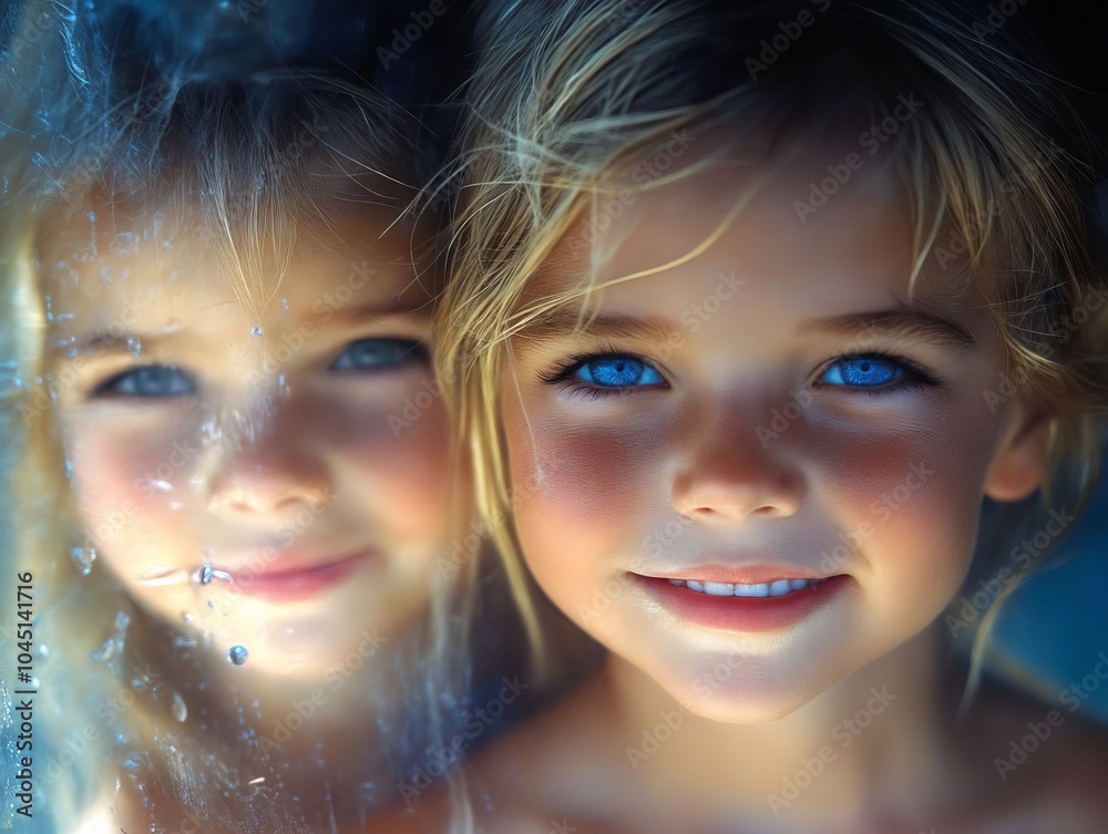 Two little girls looking out the window with blue eyes