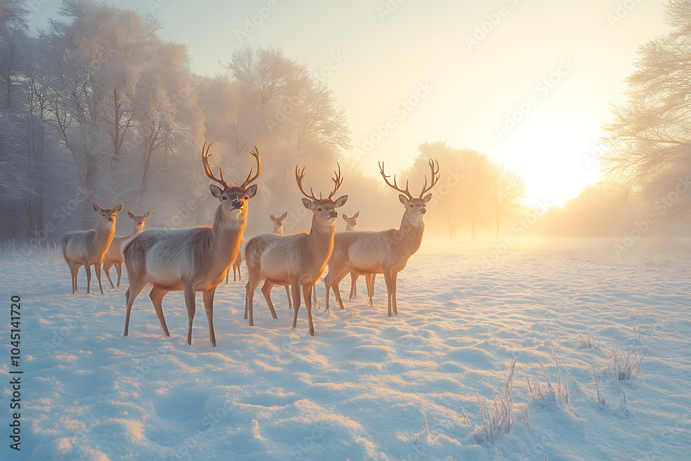 A serene winter scene of deer standing on a snowy field, with soft winter light and distant trees creating a peaceful, natural atmosphere.
A serene winter scene of deer standing on a snowy field, with soft winter light and distant trees creating a peaceful, natural atmosphere.