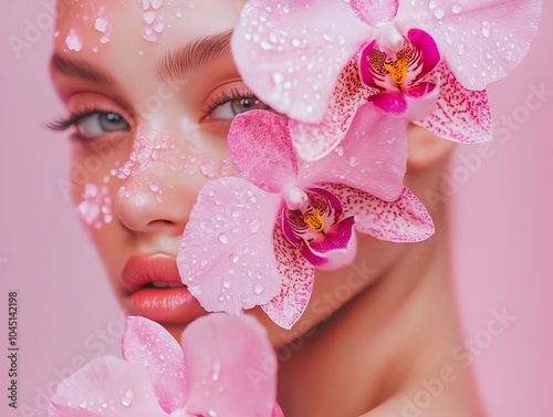 A woman with pink orchids on her face and water droplets on her skin photo