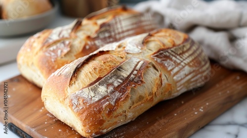 Freshly Baked Artisan Bread Loaves on Wooden Cutting Board