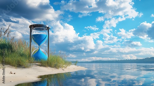 Blue hourglass on a sandy beach with blue sky and clouds in the background.