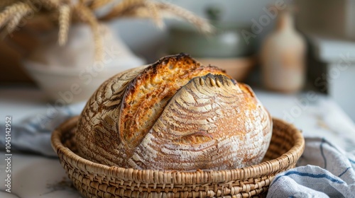 Freshly Baked Sourdough Bread in a Basket on a Table