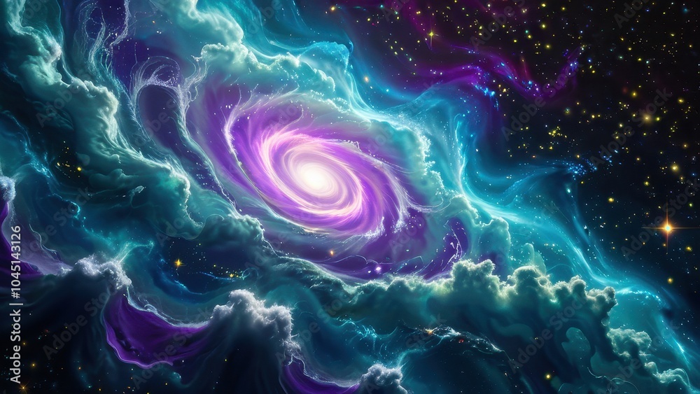 Obraz premium A mesmerizing cosmic swirl of vibrant purples, blues, and turquoise, resembling a galaxy or nebula, set against a starry space backdrop, creating a dynamic and ethereal feel