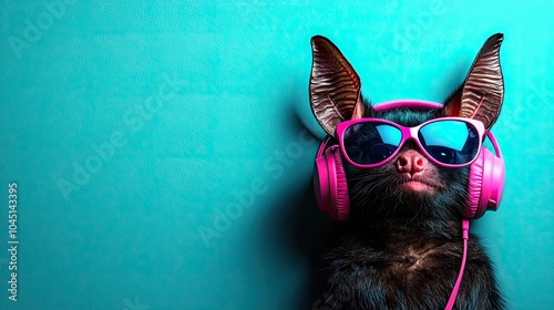 A stylish bat wearing pink headphones and sunglasses against a vibrant backdrop. photo